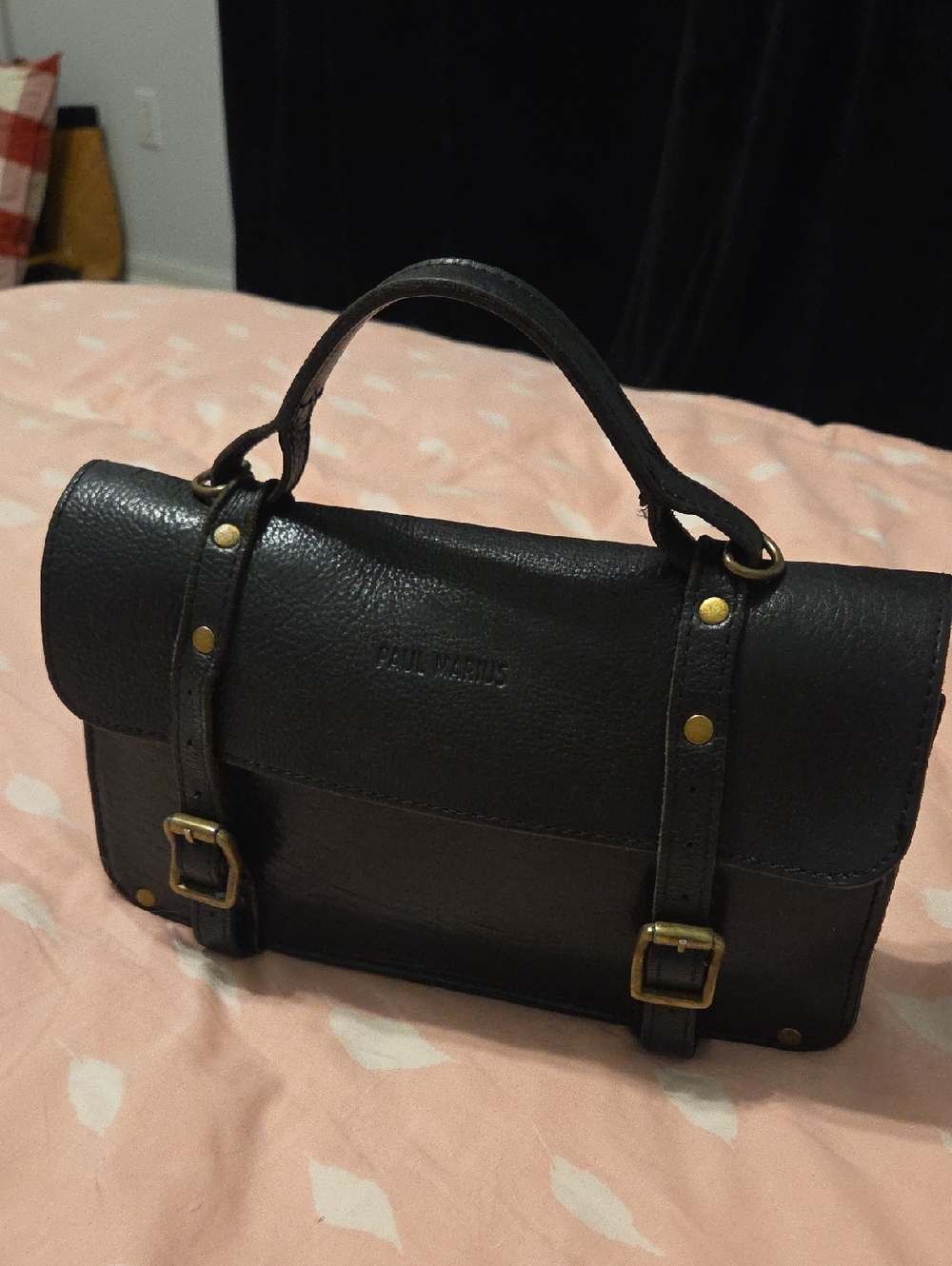 Black Leather Messenger Satchel with Top Handle